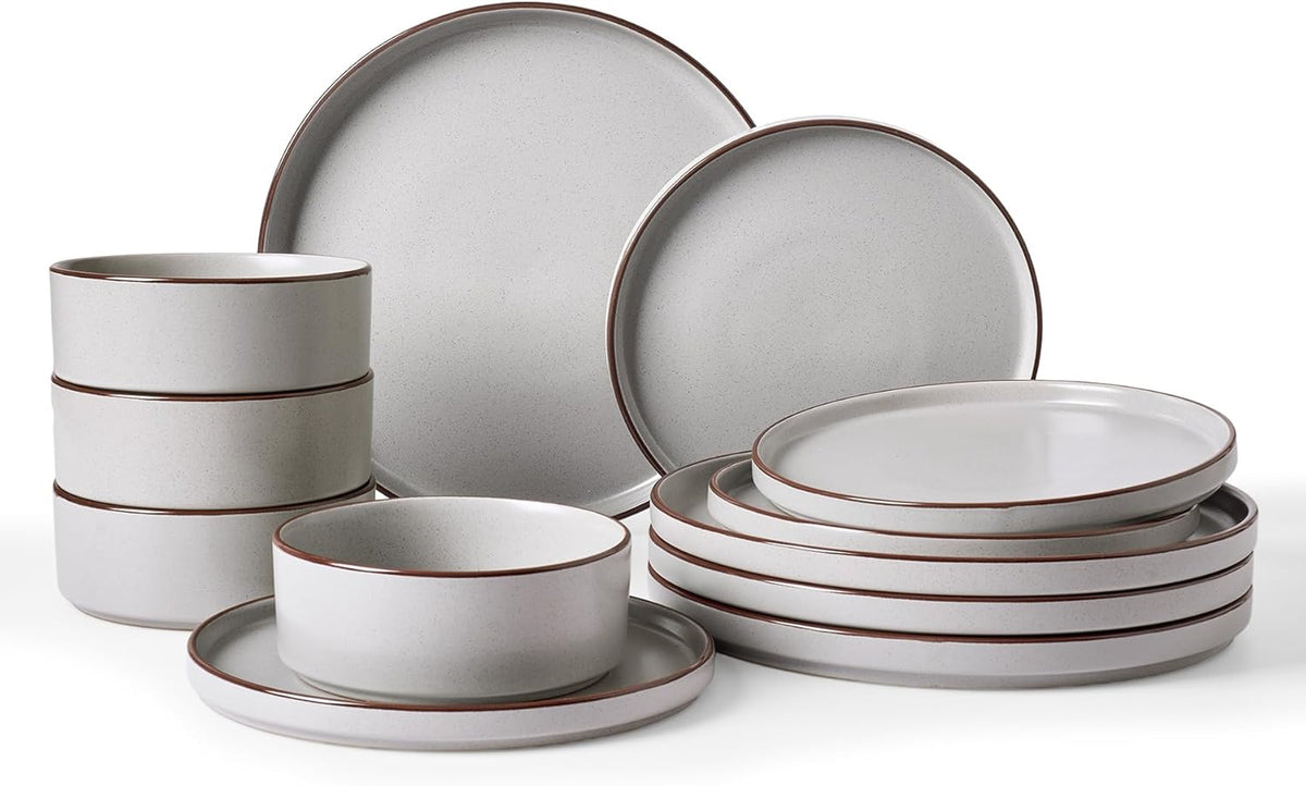 Famiware Nebula Ridge Stoneware Dinnerware Sets, Plates and Bowls Sets for 4, 12 Pieces Dishes Set, Microwave and Dishwasher Safe Kitchen Plates, Charcoal