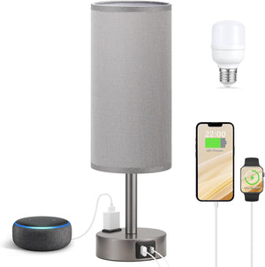 Fenmzee Bedside Table Lamp for Bedroom - 3 Way Dimmable Touch Lamp USB C Charging Ports and AC Outlet, Small Lamp Wood Base Round Flaxen Fabric Shade for Living Room, Desk, LED Bulb Included