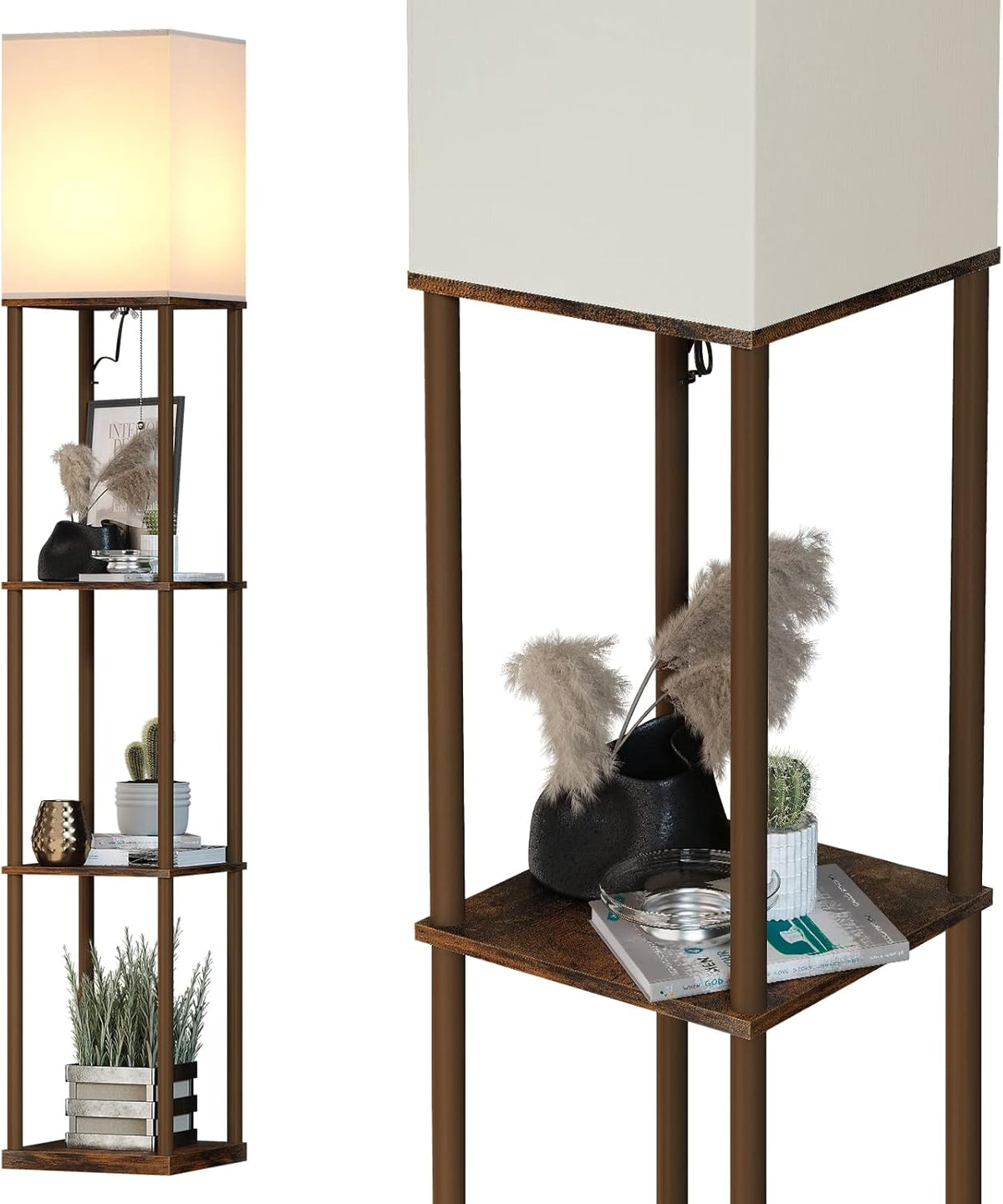 SUNMORY Floor Lamp with Shelves, Modern Square Standing Lamp with 3 Color Temperature Bulb, Corner Display Bookshelf Lamp for Living Room and Bedroom(Black)