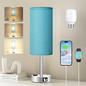 Fenmzee Bedside Table Lamp for Bedroom - 3 Way Dimmable Touch Lamp USB C Charging Ports and AC Outlet, Small Lamp Wood Base Round Flaxen Fabric Shade for Living Room, Desk, LED Bulb Included