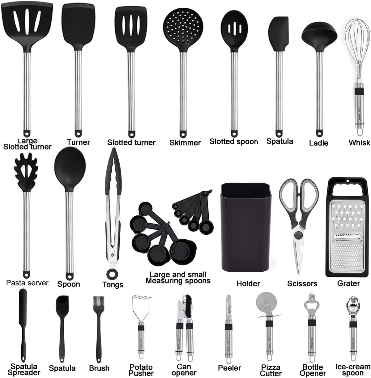 Kitchen Utensil Set-Silicone Cooking Utensils-33 Kitchen Gadgets &amp; Spoons for Nonstick Cookware-Silicone and Stainless Steel Spatula Set-Best Kitchen Tools, Useful Pots and Pans Accessories