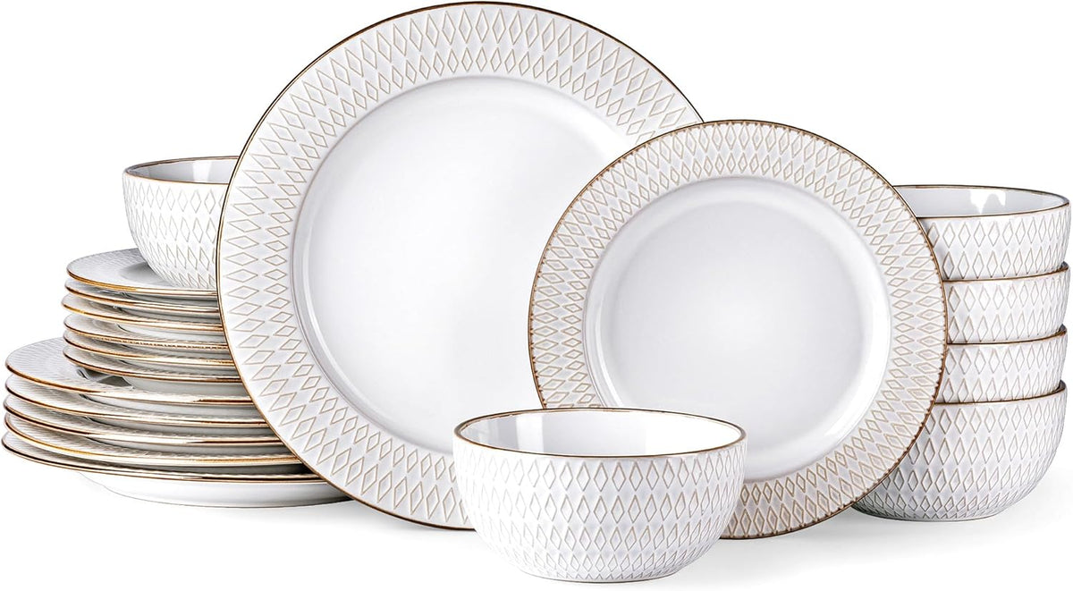 GBHOME Ceramic Dinnerware Sets,12 pcs Embossed Elegant Stoneware Plates and Bowls Sets, Housewarming Wedding Gift | Dishwasher &amp; Microwave Safe | Dishes Set Service for 4