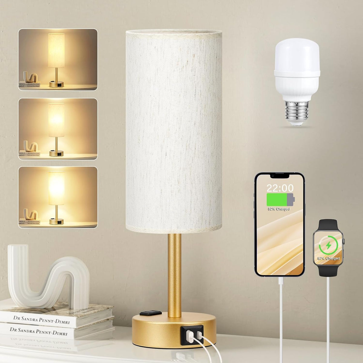 Fenmzee Bedside Table Lamp for Bedroom - 3 Way Dimmable Touch Lamp USB C Charging Ports and AC Outlet, Small Lamp Wood Base Round Flaxen Fabric Shade for Living Room, Desk, LED Bulb Included