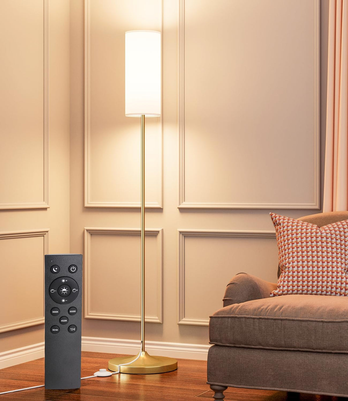 luckystyle Dimmable Floor Standing Tall Lamp, 12W Led Bulb with Lampshade, Foot Switch, Remote Custom Color Temperature Pole for Bedroom, Office, Kids &amp; Living Room, Black