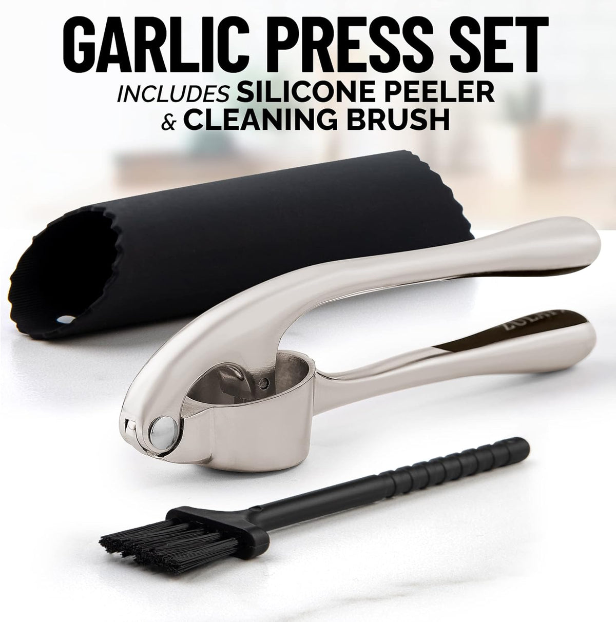 Zulay Kitchen Premium Garlic Press Set - Rust Proof &amp; Dishwasher Safe Professional Garlic Mincer Tool - Easy-Squeeze, Easy-Clean with Soft, Ergonomic Handle - Silicone Garlic Peeler &amp; Brush (Silver)