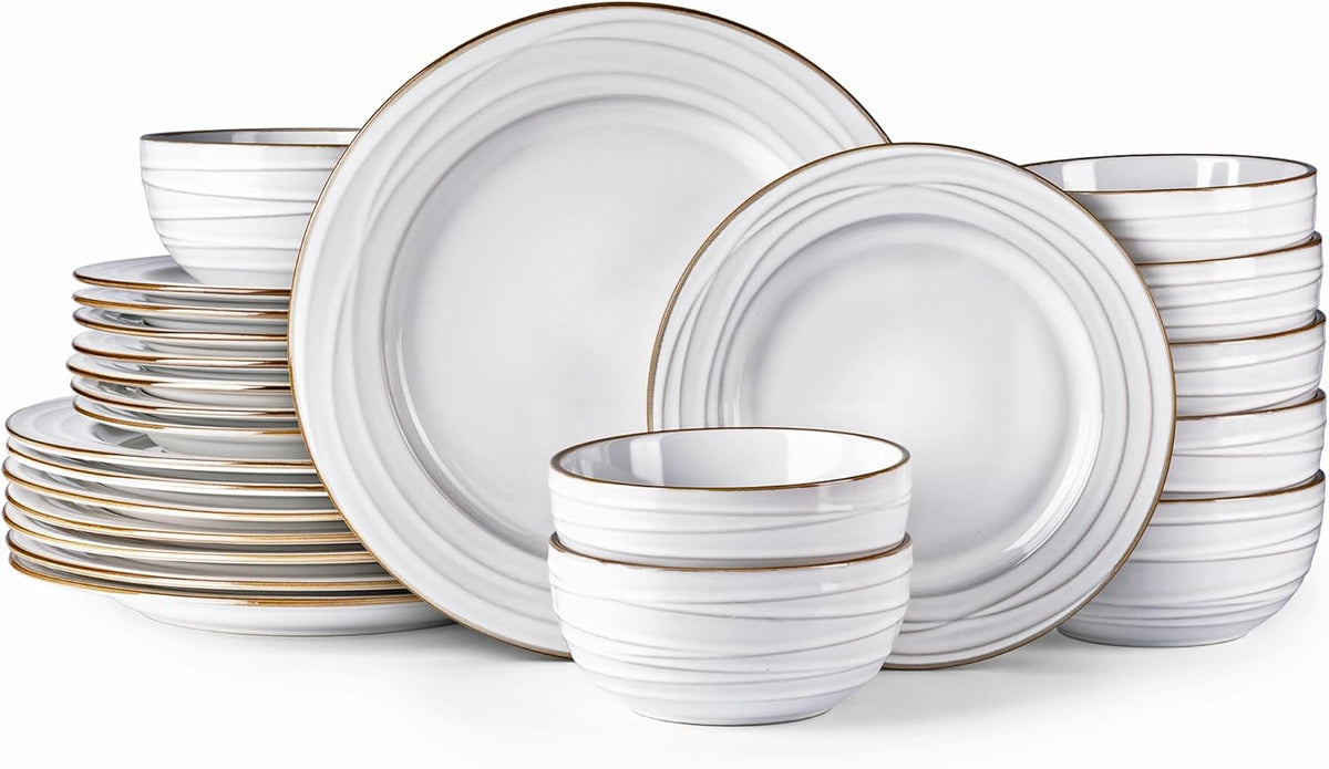 GBHOME Ceramic Dinnerware Sets,12 pcs Embossed Elegant Stoneware Plates and Bowls Sets, Housewarming Wedding Gift | Dishwasher &amp; Microwave Safe | Dishes Set Service for 4