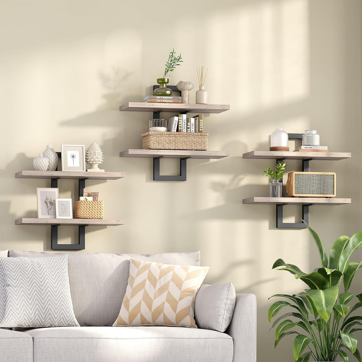 HOOBRO Floating Shelves, 15 Inch Wall Shelf Set of 2, Wall Mounted Storage Shelves 2-Tier, Hanging Bathroom Shelves, for Living Room, Bedroom, Bathroom, Kitchen, Rustic Brown and Black BF32BJ01