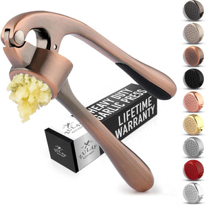 Zulay Kitchen Premium Garlic Press Set - Rust Proof & Dishwasher Safe Professional Garlic Mincer Tool - Easy-Squeeze, Easy-Clean with Soft, Ergonomic Handle - Silicone Garlic Peeler & Brush (Silver)