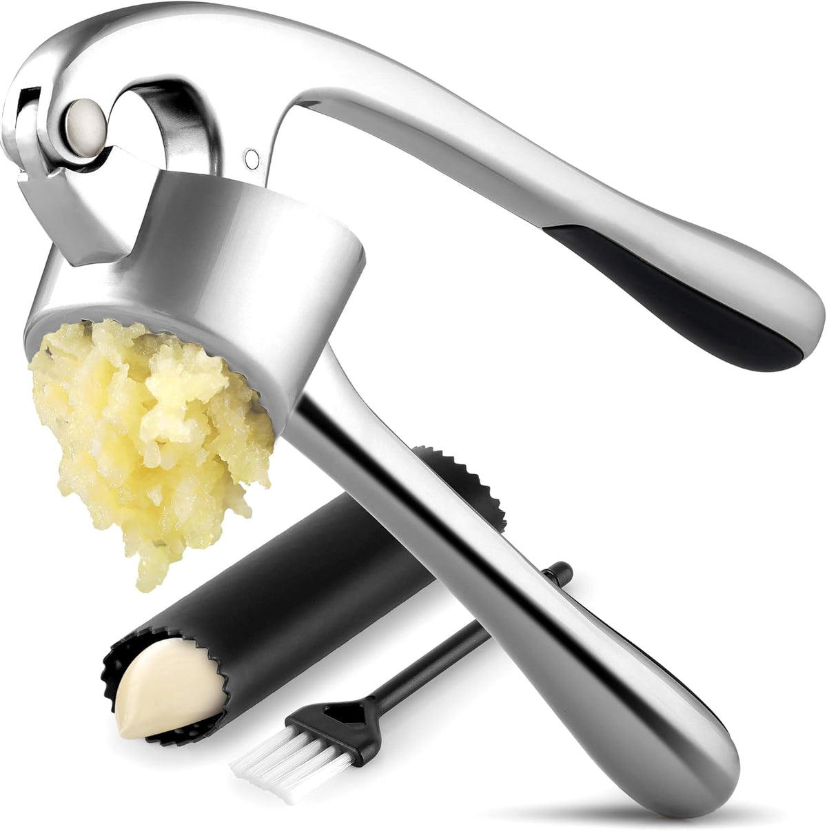 Zulay Kitchen Premium Garlic Press Set - Rust Proof &amp; Dishwasher Safe Professional Garlic Mincer Tool - Easy-Squeeze, Easy-Clean with Soft, Ergonomic Handle - Silicone Garlic Peeler &amp; Brush (Silver)