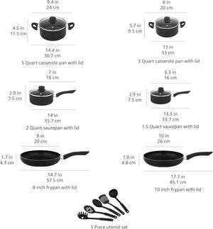 Amazon Basics Non Stick Kitchen Cookware 15-Piece Set, Non-Induction, Includes Pots, Pans, and Utensils, Black