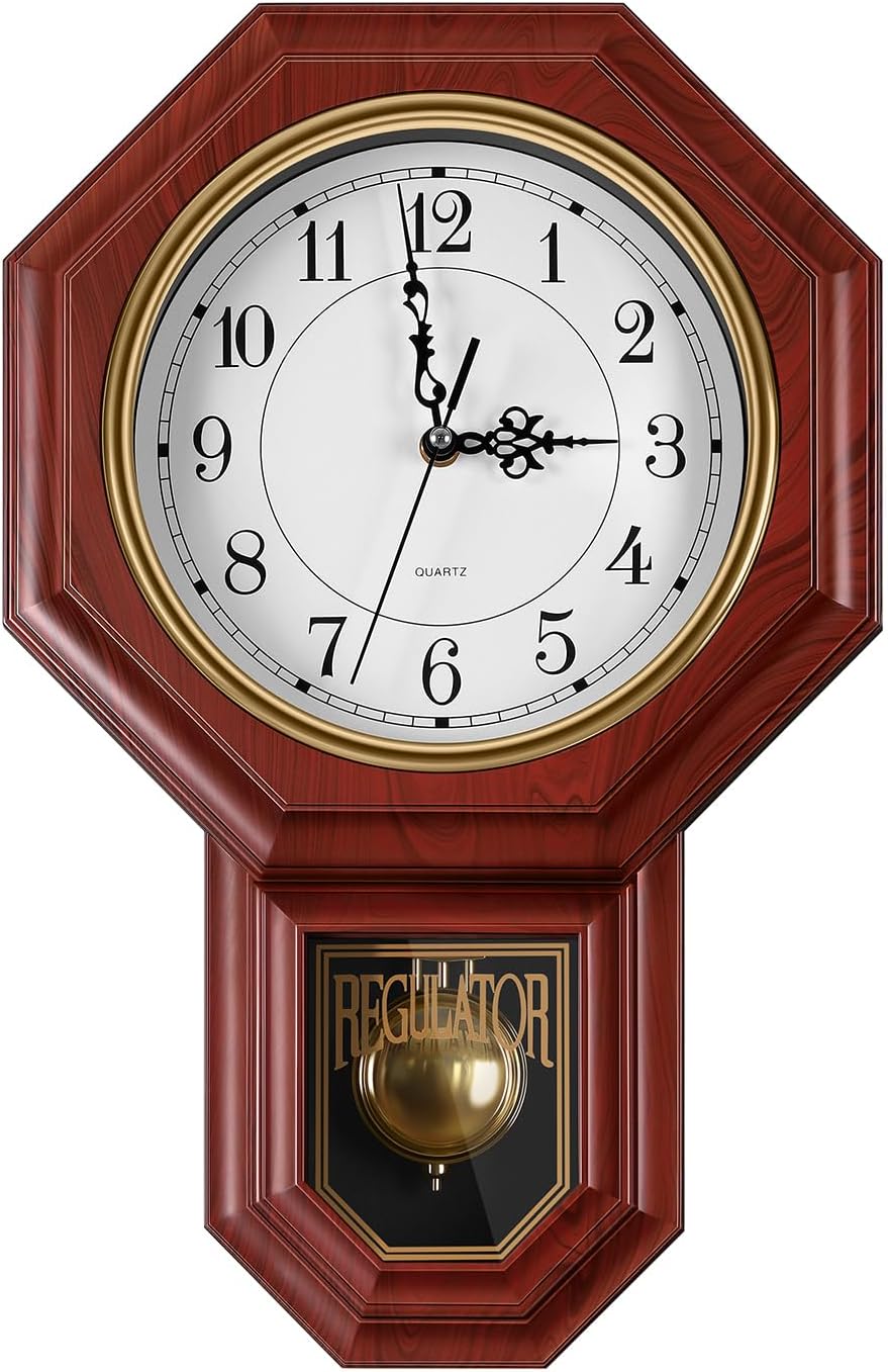 Pendulum Wall Clock Battery Operated, Imitation Wood Plastic Regulator Clock with Pendulum,Vintage Decorative Wall Clocks for Living Room,Farmhouse,Office,Bedroom,Kitchen,Wall Decor
