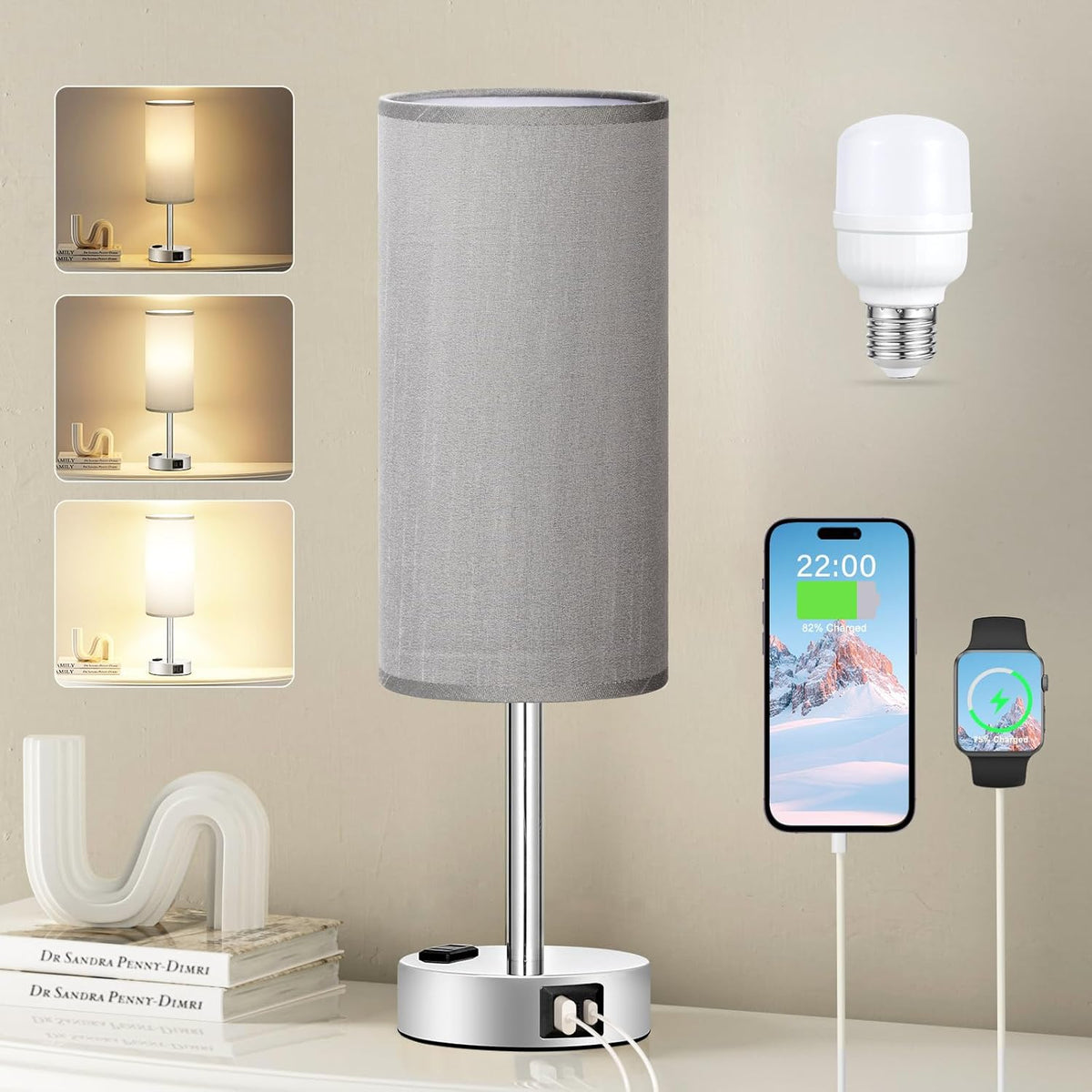 Fenmzee Bedside Table Lamp for Bedroom - 3 Way Dimmable Touch Lamp USB C Charging Ports and AC Outlet, Small Lamp Wood Base Round Flaxen Fabric Shade for Living Room, Desk, LED Bulb Included