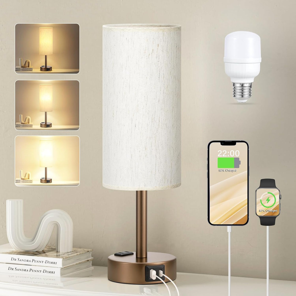 Fenmzee Bedside Table Lamp for Bedroom - 3 Way Dimmable Touch Lamp USB C Charging Ports and AC Outlet, Small Lamp Wood Base Round Flaxen Fabric Shade for Living Room, Desk, LED Bulb Included