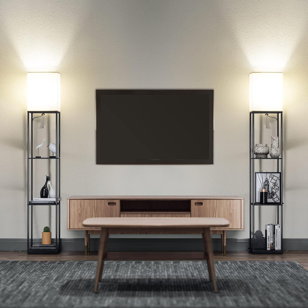 SUNMORY Floor Lamp with Shelves, Modern Square Standing Lamp with 3 Color Temperature Bulb, Corner Display Bookshelf Lamp for Living Room and Bedroom(Black)