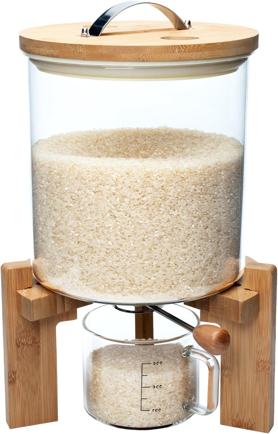 Rice Dispenser, Rice Storage Container, Flour and Cereal Container for Kitchen Organization and Pantry Store, Glass Cereal dispenser with Airtight Lid and Wooden Stand 5L