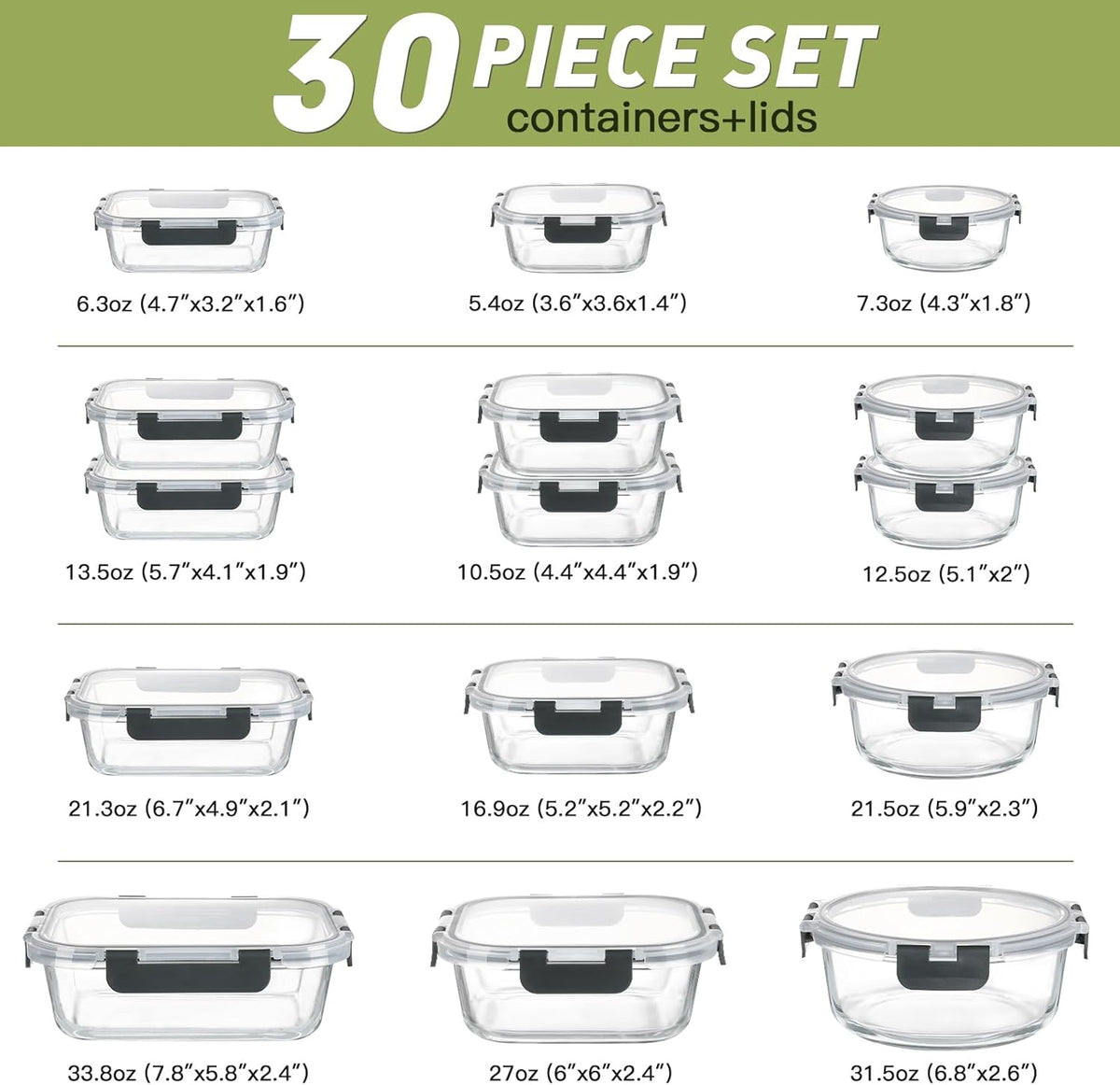 BAYZZ 30 Piece Glass Food Storage Containers Set, Glass Meal Prep Containers with Lids, Airtight Lunch Box, BPA-Free, Microwave, Freezer &amp; Dishwasher Safe