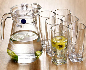 7-Pcs/Set Glass Pitcher with 6 Glasses Tumbler Cups Lid Water Carafe Jug with Spout Handle for Hot/Cold Water Tea Beverage