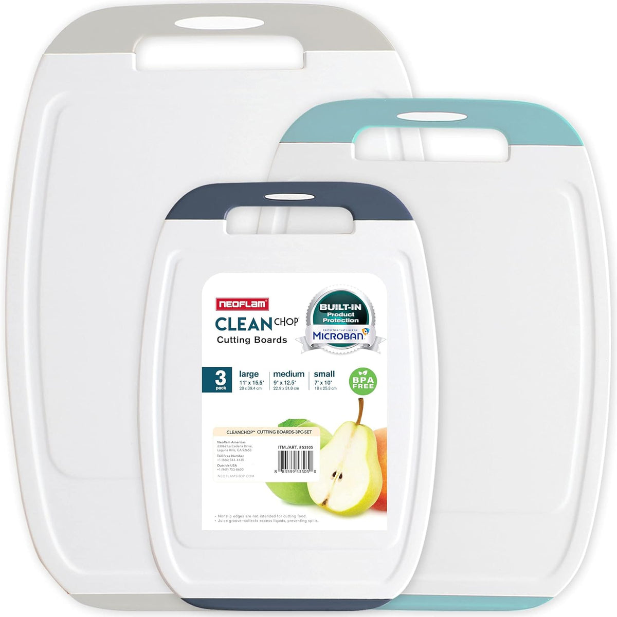 Neoflam Microban Protection Cutting Board 3 Piece Set, Stain &amp; Odor/BPA Free, Reversable Board, Upgraded Larger Juice Groove, Non-Slip EZ Grip Handle, Dishwasher Safe, Pastel