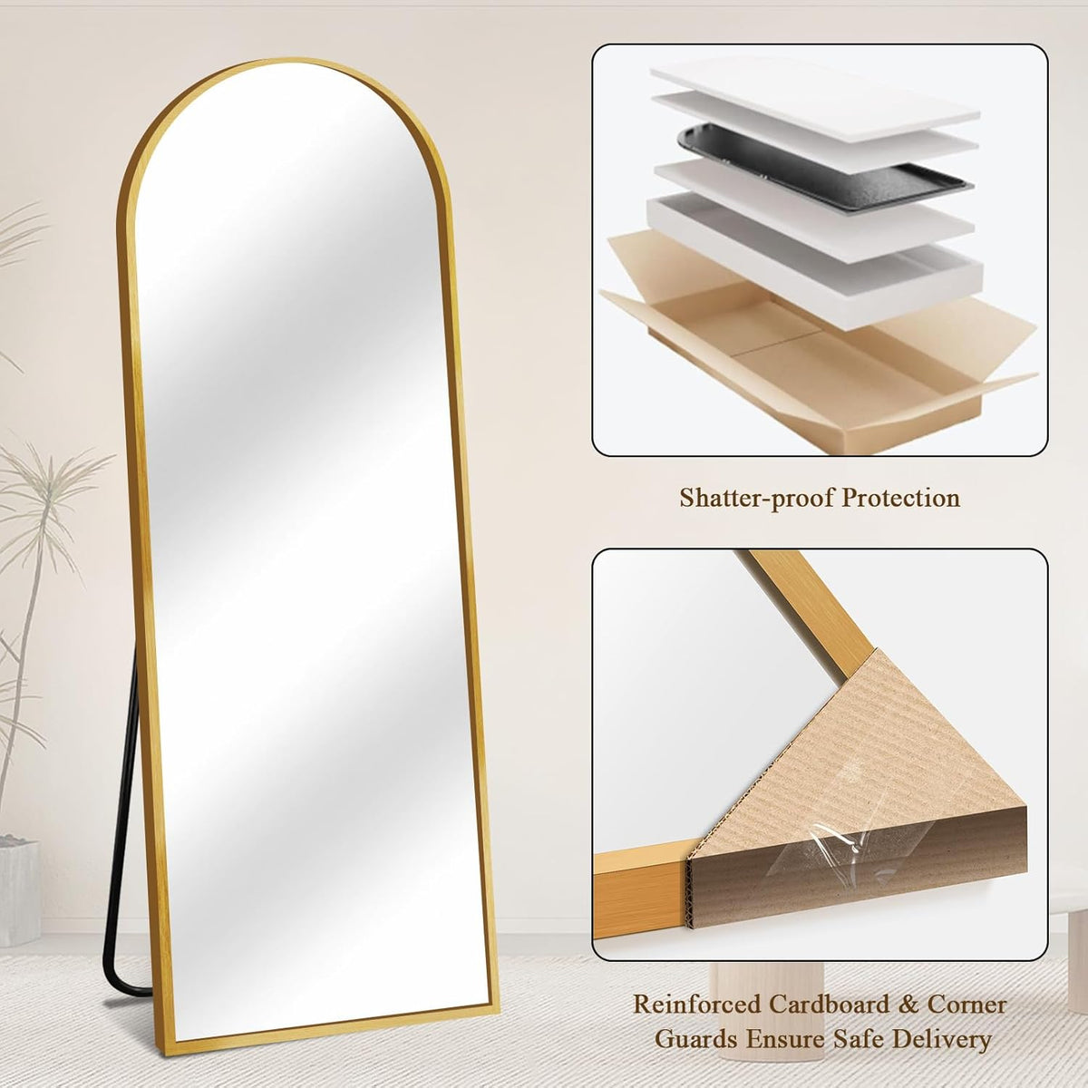 64&quot;x21&quot; Full Length Mirror with Stand, Shatterproof Arched Floor Mirror, Aluminum Alloy Thin Frame - Freestanding/Leaning/Wall Mount for Bedroom, Living Room &amp; Entryway (Gold)
