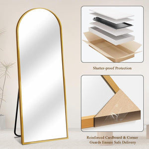 64"x21" Full Length Mirror with Stand, Shatterproof Arched Floor Mirror, Aluminum Alloy Thin Frame - Freestanding/Leaning/Wall Mount for Bedroom, Living Room & Entryway (Gold)