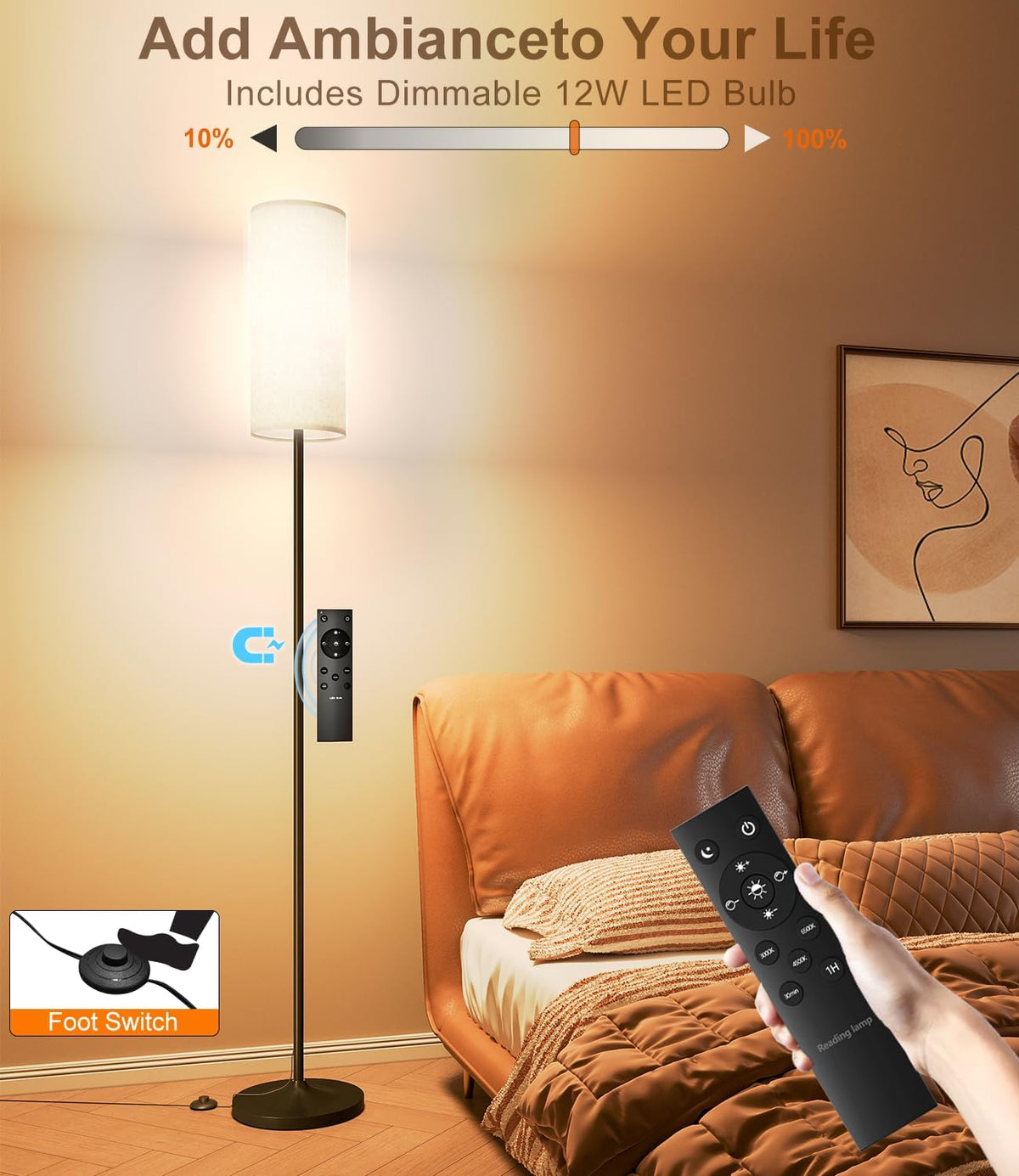 luckystyle Dimmable Floor Standing Tall Lamp, 12W Led Bulb with Lampshade, Foot Switch, Remote Custom Color Temperature Pole for Bedroom, Office, Kids &amp; Living Room, Black