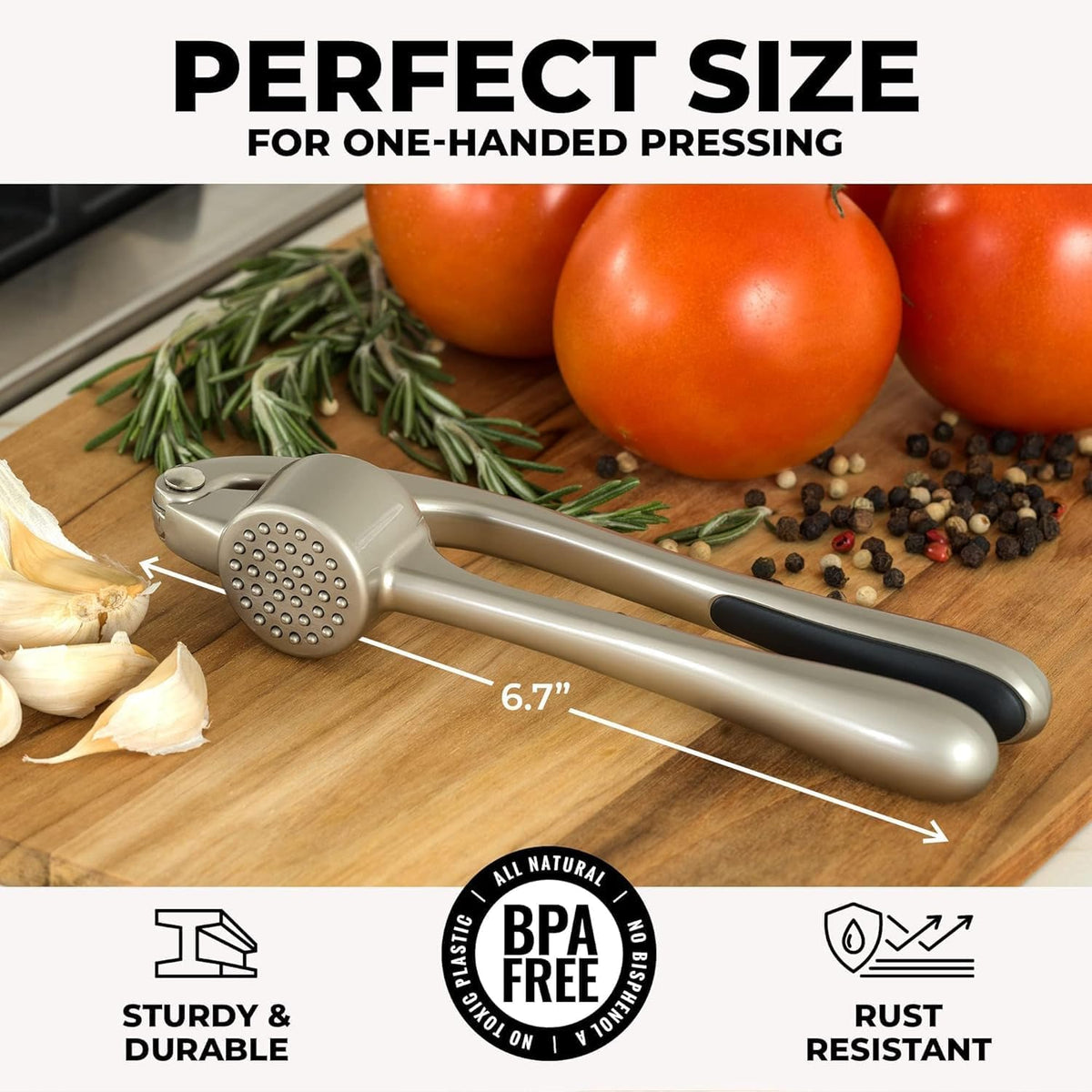 Zulay Kitchen Premium Garlic Press Set - Rust Proof &amp; Dishwasher Safe Professional Garlic Mincer Tool - Easy-Squeeze, Easy-Clean with Soft, Ergonomic Handle - Silicone Garlic Peeler &amp; Brush (Silver)