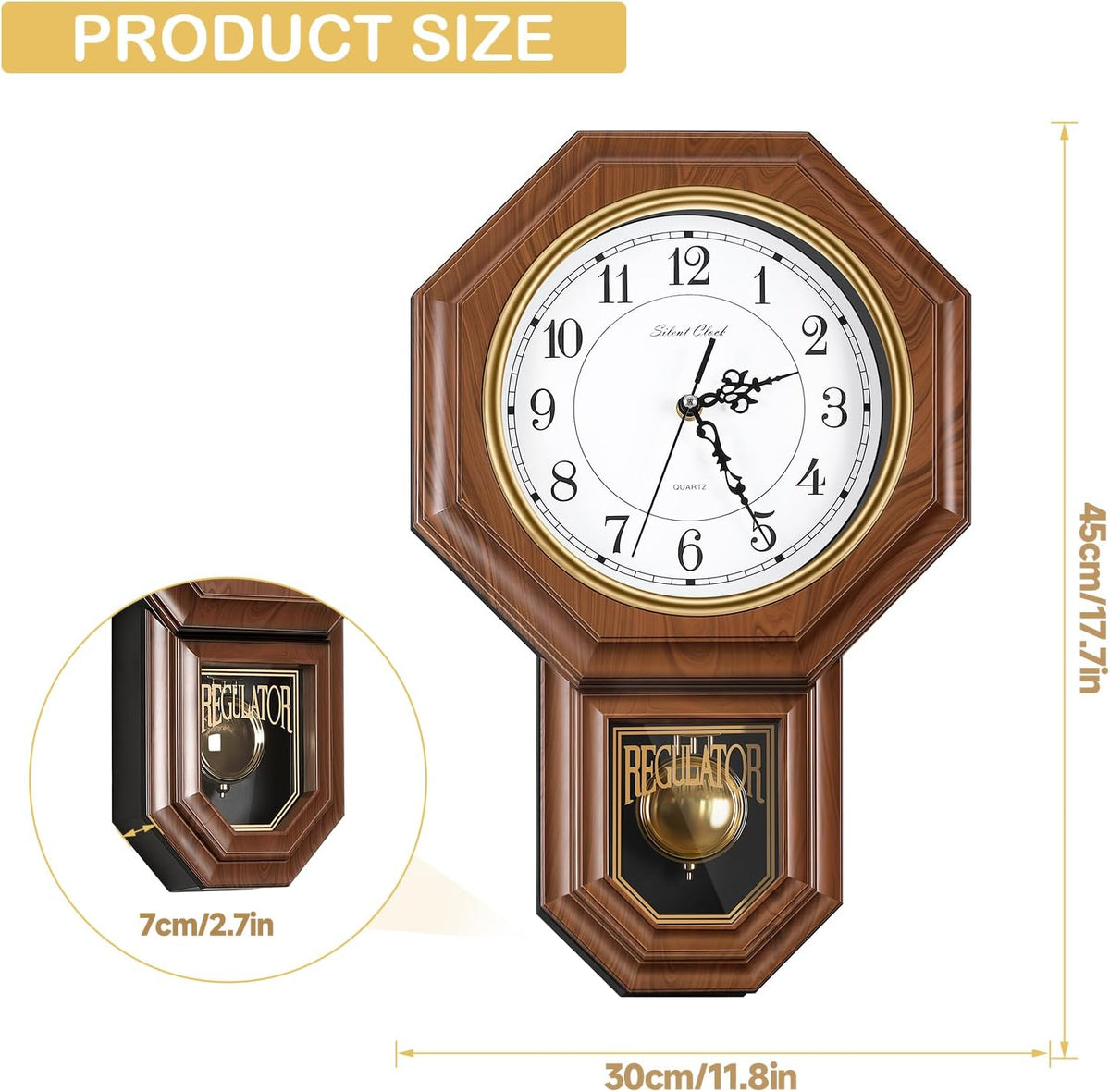 Pendulum Wall Clock Battery Operated, Imitation Wood Plastic Regulator Clock with Pendulum,Vintage Decorative Wall Clocks for Living Room,Farmhouse,Office,Bedroom,Kitchen,Wall Decor