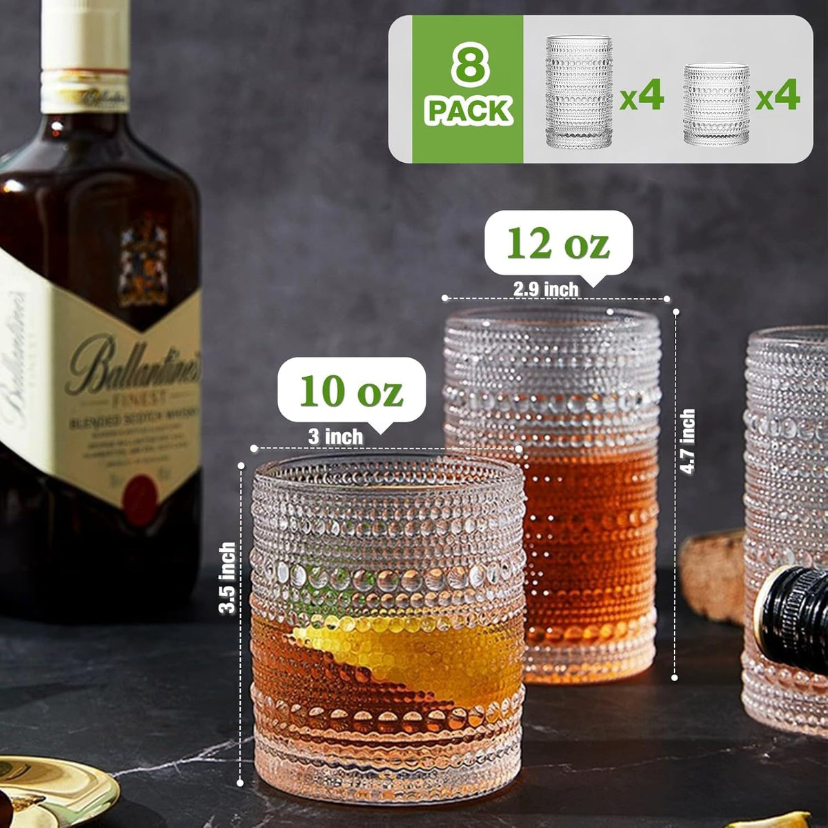 Vintage Hobnail Drinking Glasses Set of 8, 12 oz Highball Glasses &amp; 10 oz Cocktail Glasses Set, Kitchen Water Glasses Cup, Bar Tumbler Glassware Set for Beer, Juice, Cocktail, Whiskey, Milk