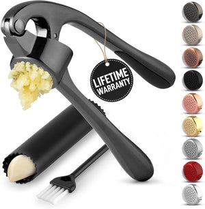 Zulay Kitchen Premium Garlic Press Set - Rust Proof & Dishwasher Safe Professional Garlic Mincer Tool - Easy-Squeeze, Easy-Clean with Soft, Ergonomic Handle - Silicone Garlic Peeler & Brush (Silver)