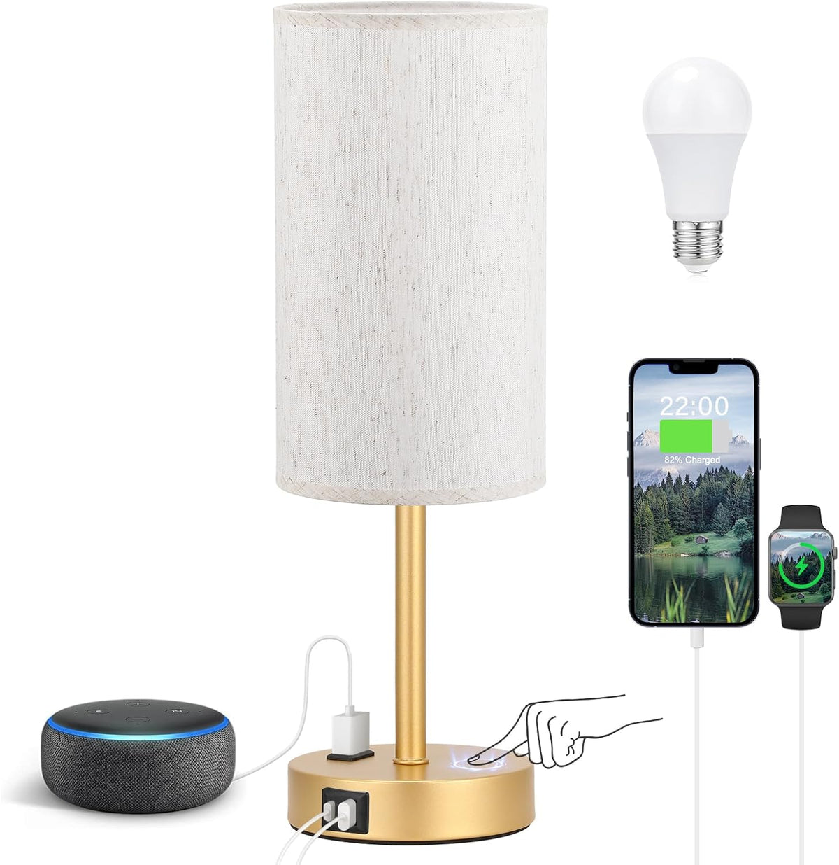 Fenmzee Bedside Table Lamp for Bedroom - 3 Way Dimmable Touch Lamp USB C Charging Ports and AC Outlet, Small Lamp Wood Base Round Flaxen Fabric Shade for Living Room, Desk, LED Bulb Included
