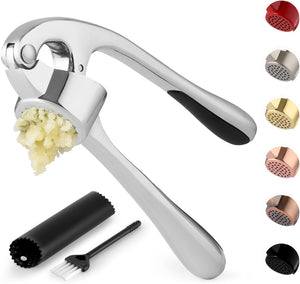 Zulay Kitchen Premium Garlic Press Set - Rust Proof & Dishwasher Safe Professional Garlic Mincer Tool - Easy-Squeeze, Easy-Clean with Soft, Ergonomic Handle - Silicone Garlic Peeler & Brush (Silver)