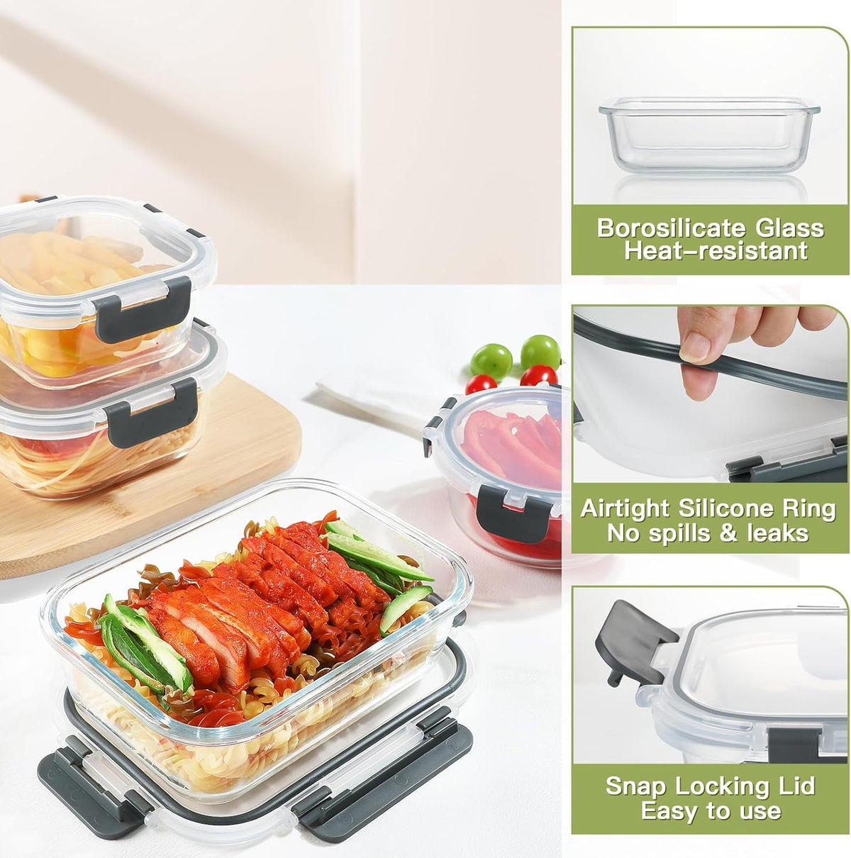 BAYZZ 30 Piece Glass Food Storage Containers Set, Glass Meal Prep Containers with Lids, Airtight Lunch Box, BPA-Free, Microwave, Freezer &amp; Dishwasher Safe