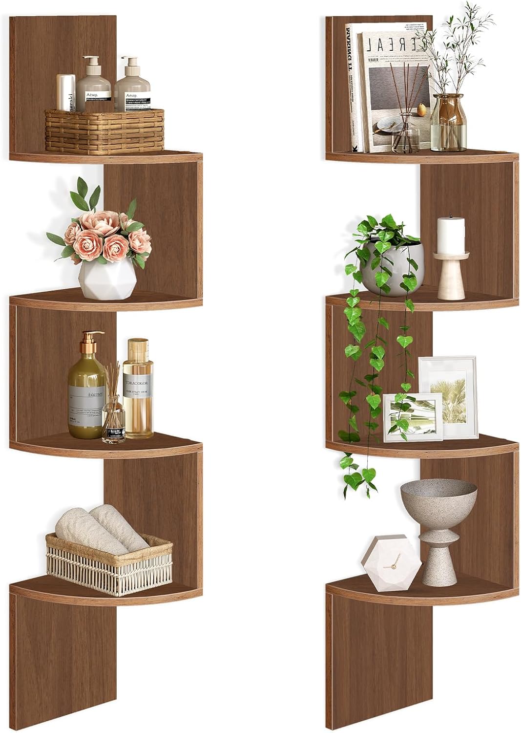 HOOBRO Corner Shelf Wall-Mounted, Set of 2 Floating Corner Shelves for Wall, 4-Tier Corner Bookshelves for Living Room, Bedroom, Bathroom, Home Office, Rustic Brown BF25BJP201