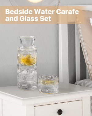 Bedside Water Carafe and Glass Set, Mouthwash Dispenser for Bathroom, 21.6 Oz Glass Water Bottles with 6 Oz Drinking Cup as Lid, Pitcher for Nightstand, Kitchen (Clear)