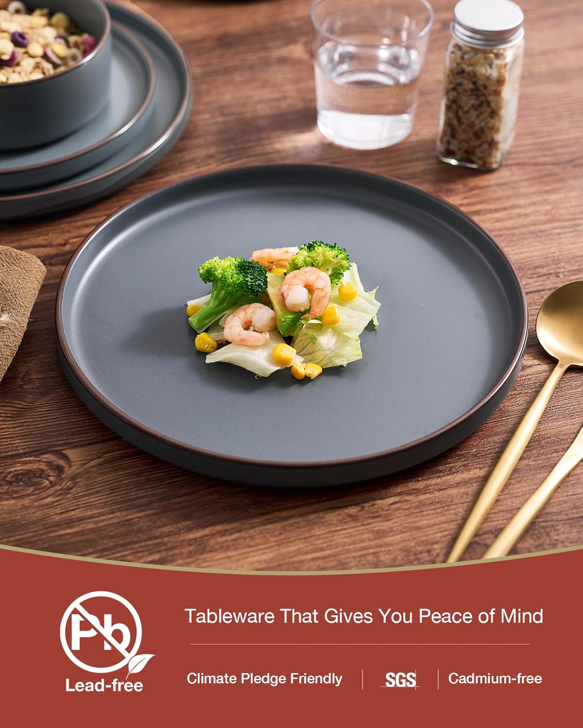 Famiware Nebula Ridge Stoneware Dinnerware Sets, Plates and Bowls Sets for 4, 12 Pieces Dishes Set, Microwave and Dishwasher Safe Kitchen Plates, Charcoal