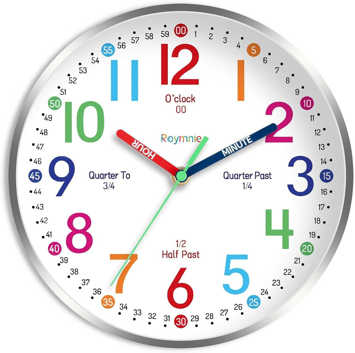 Wall Clock for Kids Learning to Tell Time Easily Non Ticking Battery Operated Kids Teaching Clock Silent Colorful Teaching Time Clock Decorative for Kids Room Classroom School (12 Inch)