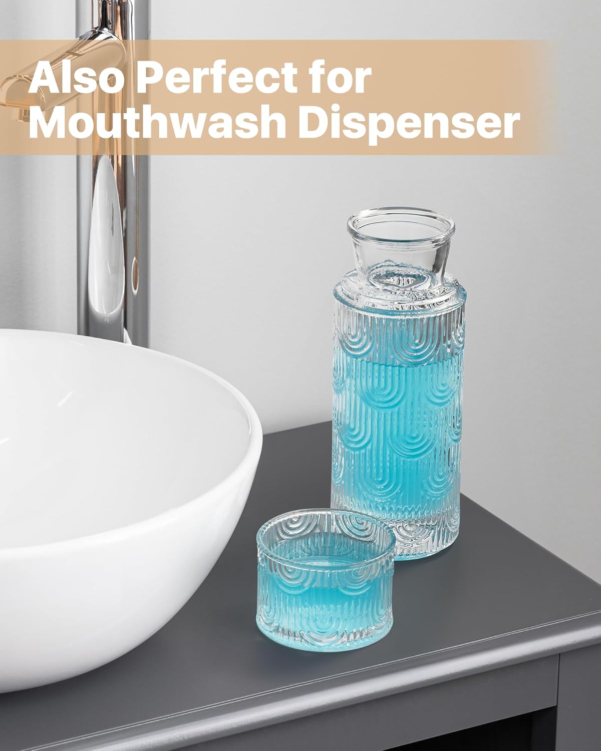 Bedside Water Carafe and Glass Set, Mouthwash Dispenser for Bathroom, 21.6 Oz Glass Water Bottles with 6 Oz Drinking Cup as Lid, Pitcher for Nightstand, Kitchen (Clear)