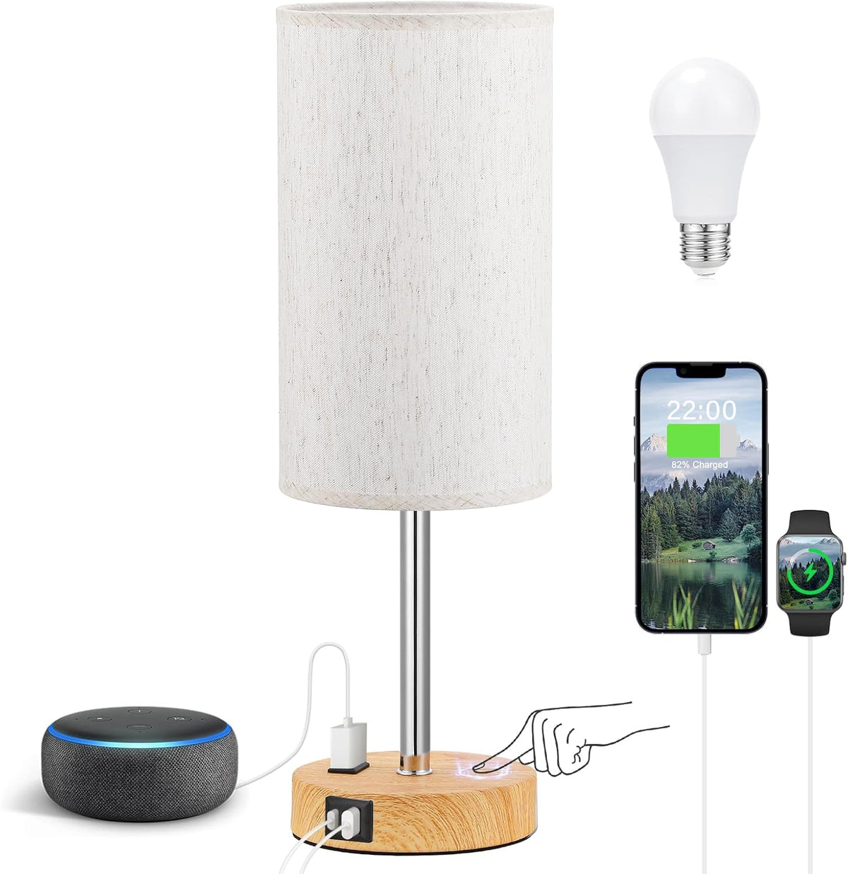 Fenmzee Bedside Table Lamp for Bedroom - 3 Way Dimmable Touch Lamp USB C Charging Ports and AC Outlet, Small Lamp Wood Base Round Flaxen Fabric Shade for Living Room, Desk, LED Bulb Included