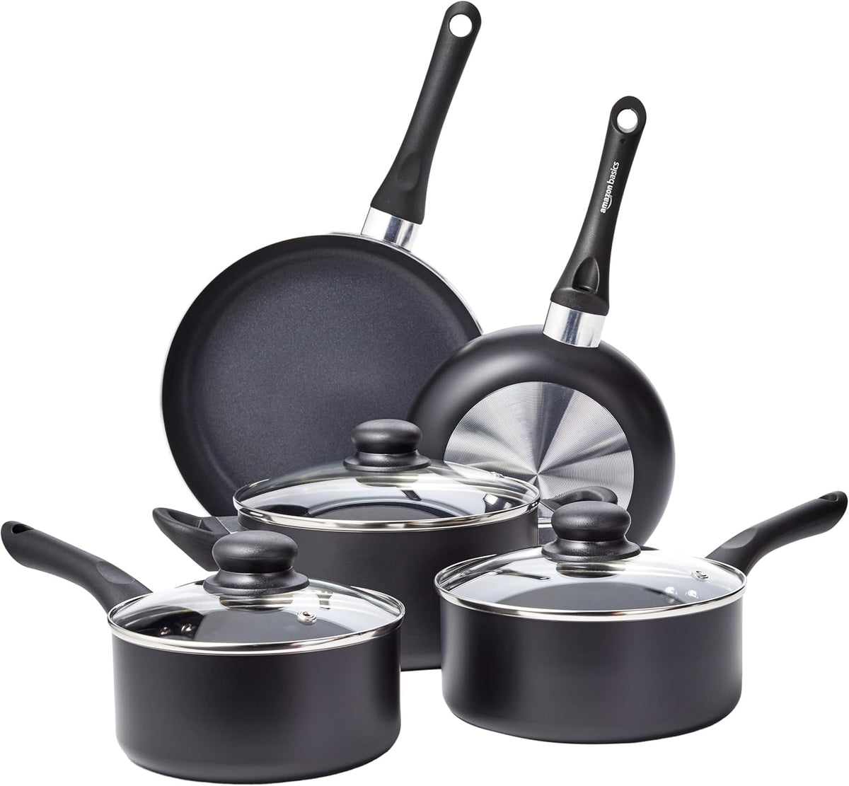 Amazon Basics Non Stick Kitchen Cookware 15-Piece Set, Non-Induction, Includes Pots, Pans, and Utensils, Black