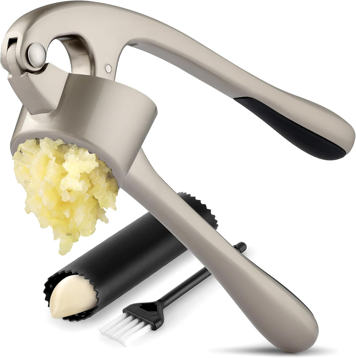 Zulay Kitchen Premium Garlic Press Set - Rust Proof &amp; Dishwasher Safe Professional Garlic Mincer Tool - Easy-Squeeze, Easy-Clean with Soft, Ergonomic Handle - Silicone Garlic Peeler &amp; Brush (Silver)