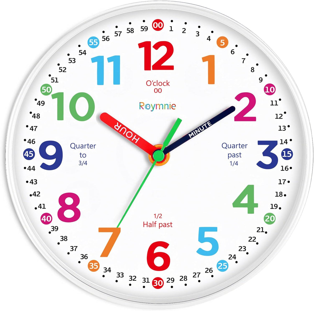Wall Clock for Kids Learning to Tell Time Easily Non Ticking Battery Operated Kids Teaching Clock Silent Colorful Teaching Time Clock Decorative for Kids Room Classroom School (12 Inch)