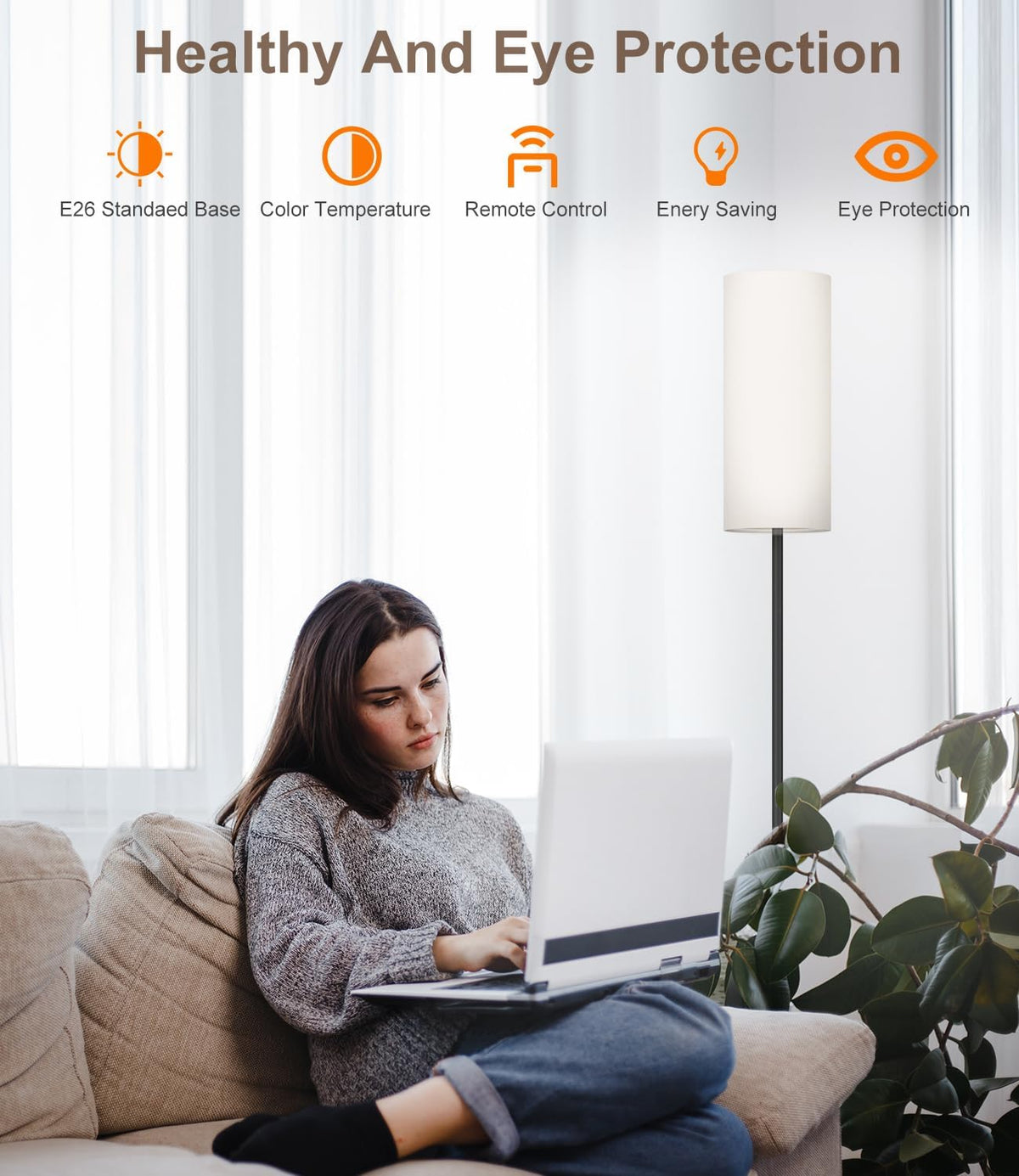 luckystyle Dimmable Floor Standing Tall Lamp, 12W Led Bulb with Lampshade, Foot Switch, Remote Custom Color Temperature Pole for Bedroom, Office, Kids &amp; Living Room, Black