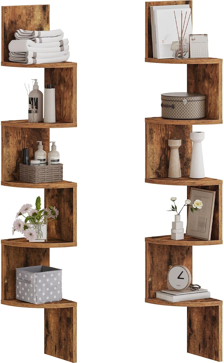 HOOBRO Corner Shelf Wall-Mounted, Set of 2 Floating Corner Shelves for Wall, 4-Tier Corner Bookshelves for Living Room, Bedroom, Bathroom, Home Office, Rustic Brown BF25BJP201