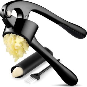 Zulay Kitchen Premium Garlic Press Set - Rust Proof & Dishwasher Safe Professional Garlic Mincer Tool - Easy-Squeeze, Easy-Clean with Soft, Ergonomic Handle - Silicone Garlic Peeler & Brush (Silver)