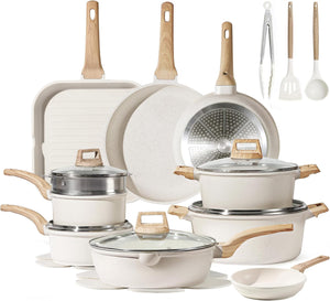 CAROTE 21Pcs Pots and Pans Set, Nonstick Cookware Sets, White Granite Induction Cookware Non Stick Cooking Set w/Frying Pans & Saucepans(PFOS, PFOA Free)