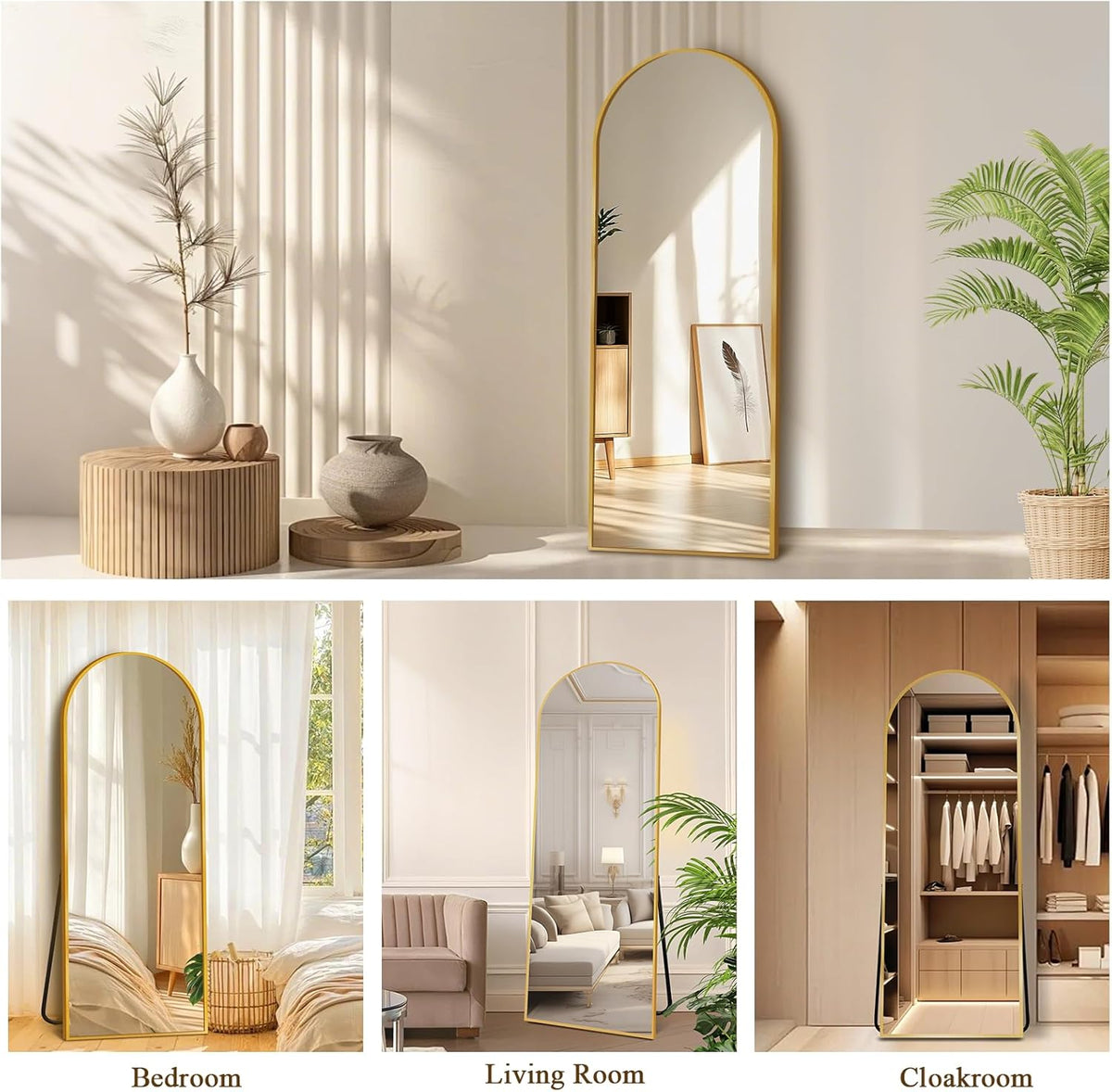 64&quot;x21&quot; Full Length Mirror with Stand, Shatterproof Arched Floor Mirror, Aluminum Alloy Thin Frame - Freestanding/Leaning/Wall Mount for Bedroom, Living Room &amp; Entryway (Gold)