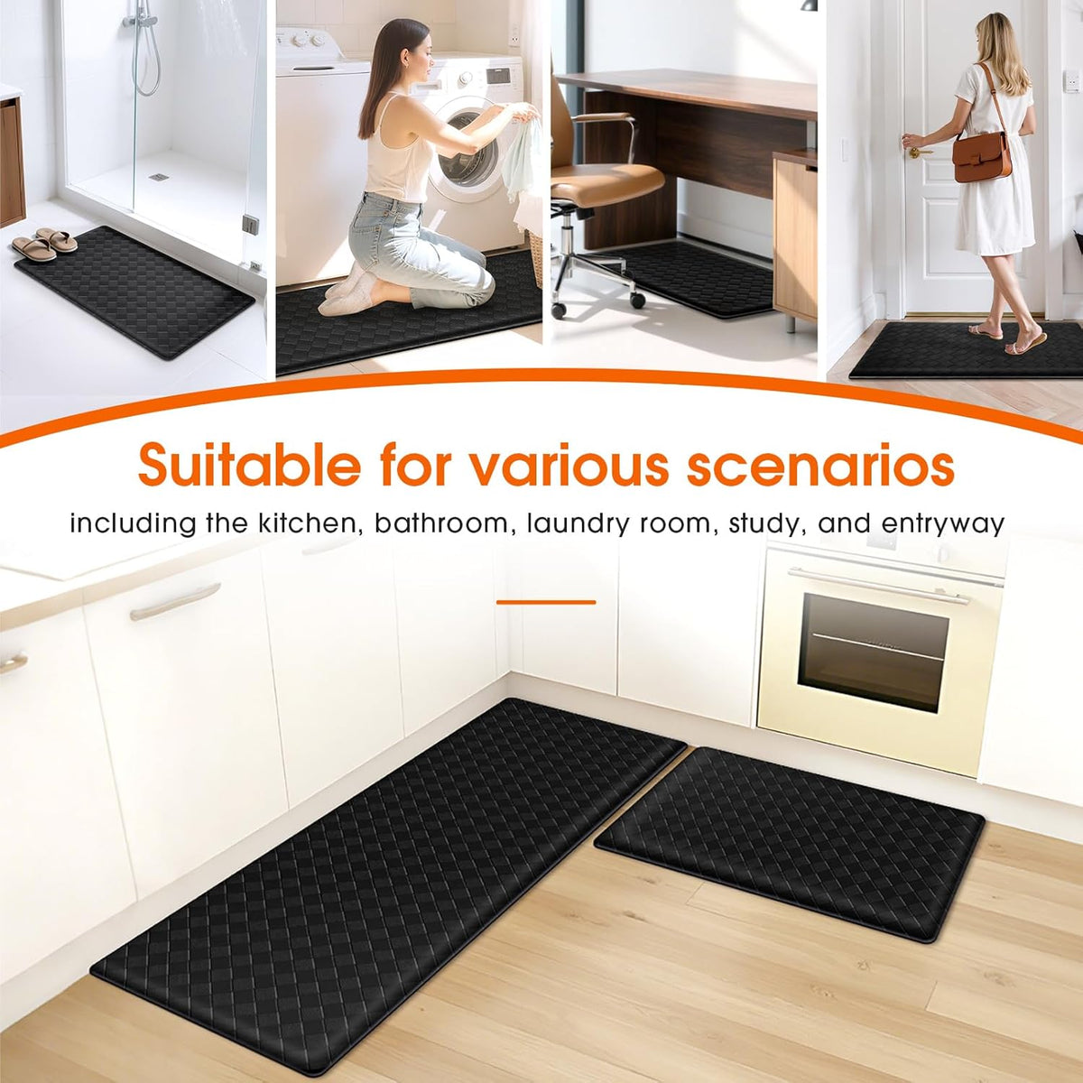 Kitchen Mats, 2PCS Kitchen Rugs, Cushioned Anti Fatigue Kitchen Mats for Floor, Non-Slip Standing Sink Mat, Waterproof Kitchen Rug Set for Kitchen Floor Office,17.3&quot;×30&quot;+17.3&quot;×47&quot; Black