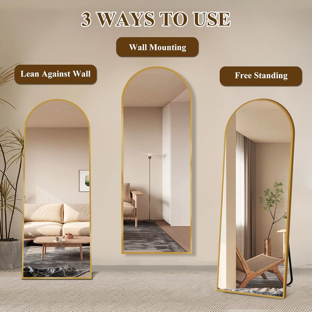 64&quot;x21&quot; Full Length Mirror with Stand, Shatterproof Arched Floor Mirror, Aluminum Alloy Thin Frame - Freestanding/Leaning/Wall Mount for Bedroom, Living Room &amp; Entryway (Gold)