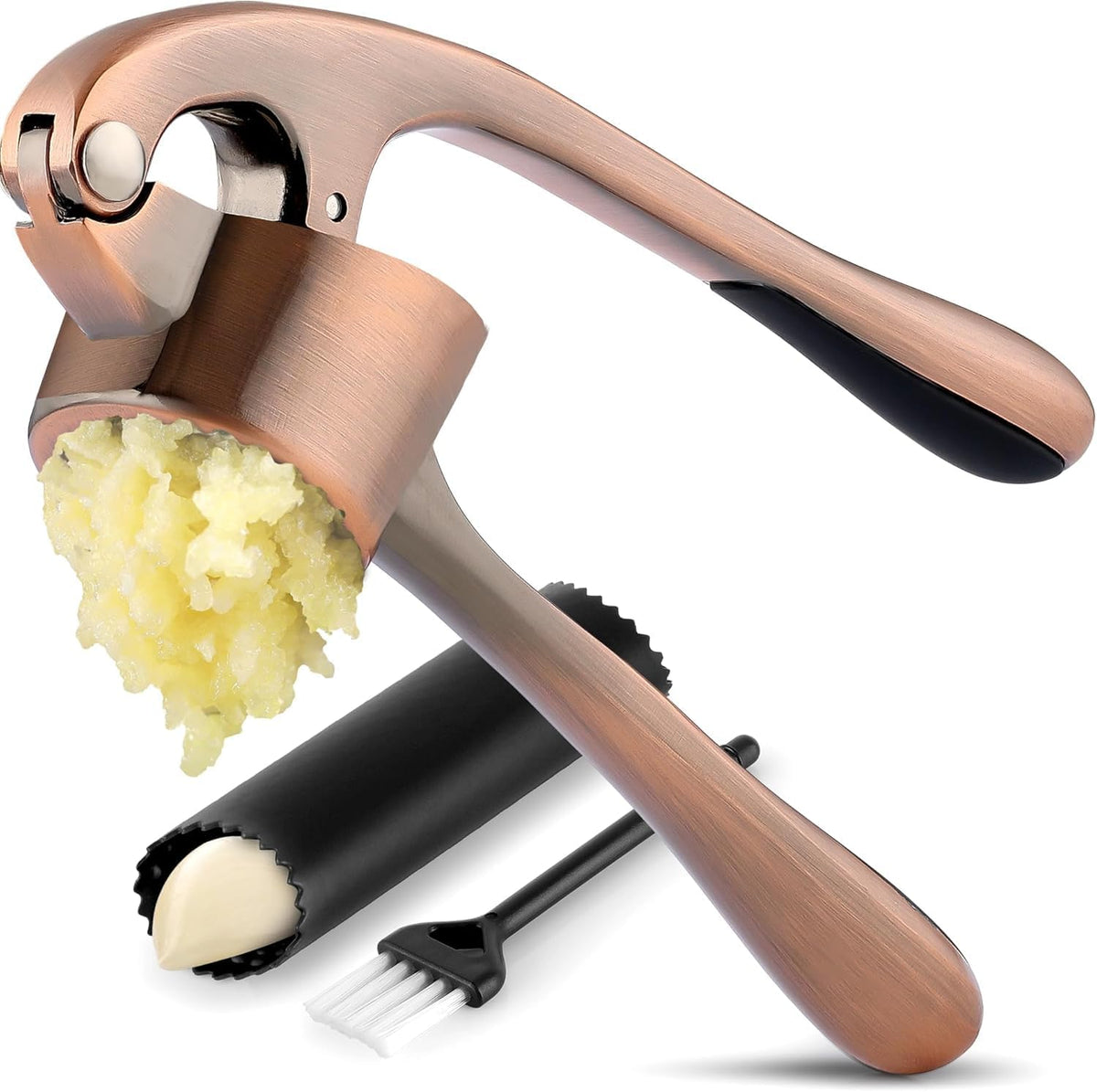 Zulay Kitchen Premium Garlic Press Set - Rust Proof &amp; Dishwasher Safe Professional Garlic Mincer Tool - Easy-Squeeze, Easy-Clean with Soft, Ergonomic Handle - Silicone Garlic Peeler &amp; Brush (Silver)