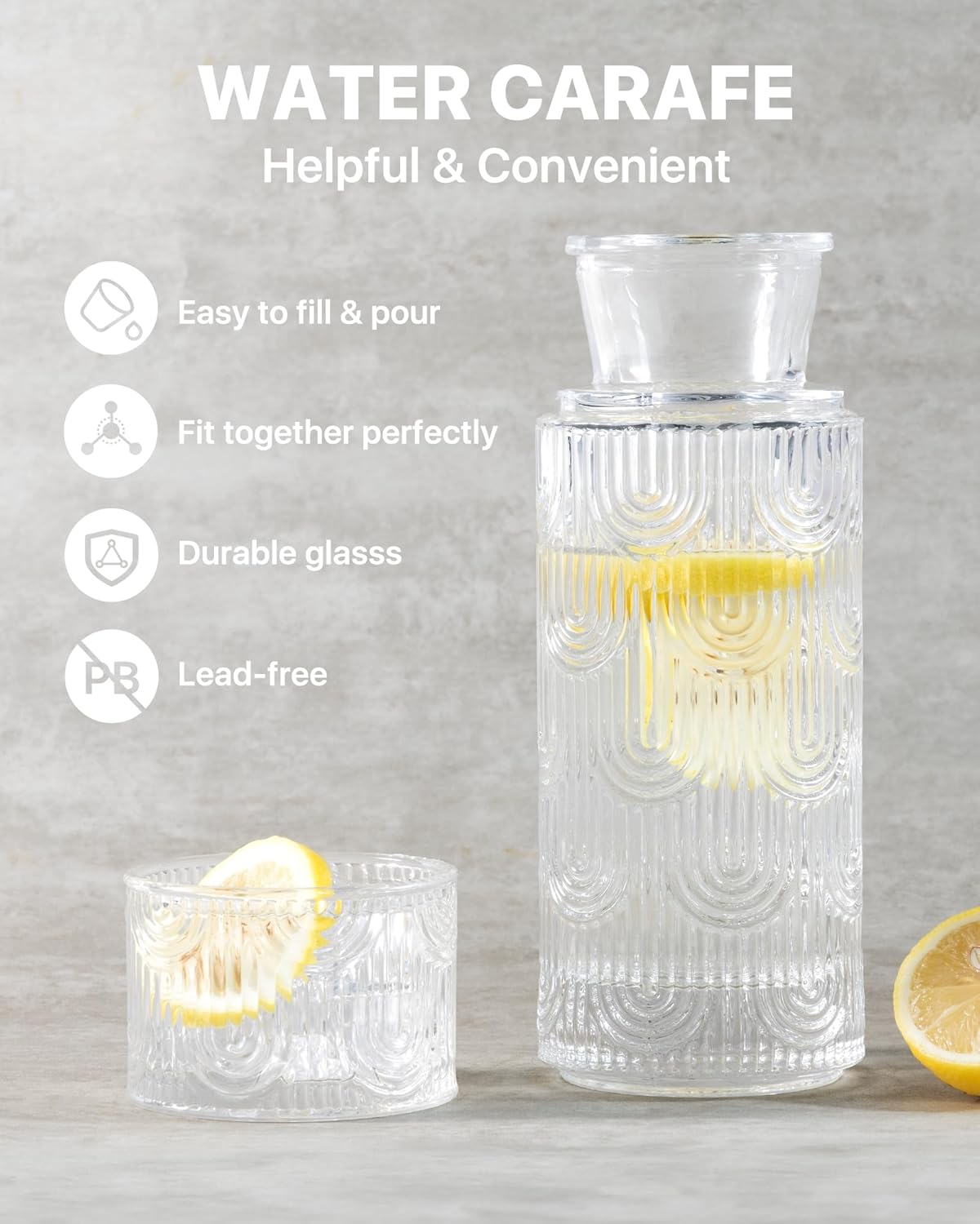 Bedside Water Carafe and Glass Set, Mouthwash Dispenser for Bathroom, 21.6 Oz Glass Water Bottles with 6 Oz Drinking Cup as Lid, Pitcher for Nightstand, Kitchen (Clear)